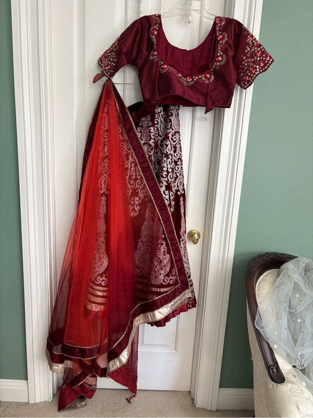 Deep Maroon with white hand embroidered three piece Lehenga large size